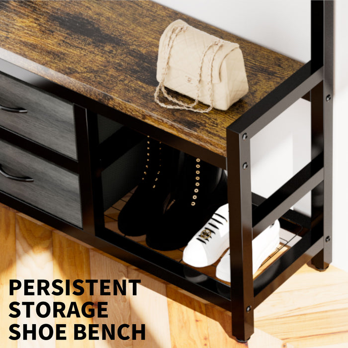 Hall Tree With 2 Movable Drawers, Shoe Storage, Shelves, Garment Racks, And 23 Hooks For Entryway - Rustic Brown