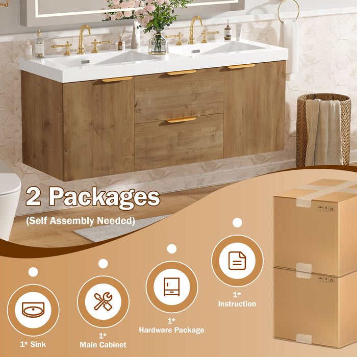Double Sink Bathroom Vanity Soft Close Doors, Divided Drawers, Wall Mounted - Wood