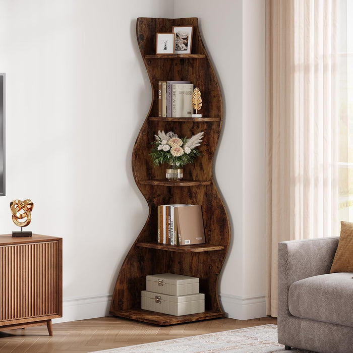 5 Tier Wavy Corner Bookshelf And Plant Stand For Living Room