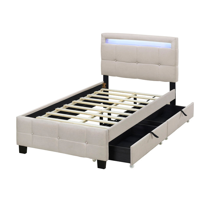 Upholstered Platform Bed With LED Frame, With Trundle And 2 Drawers