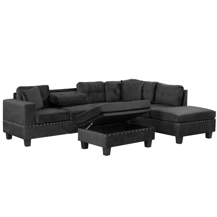 Modern Sectional Sofa With Storage Ottoman, L - Shape Couch With 2 Pillows And Cup Holders