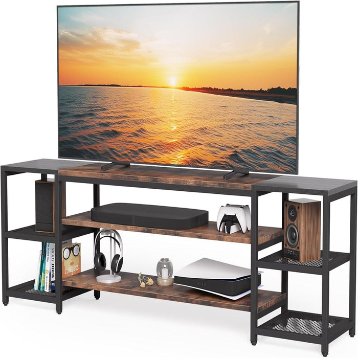 TV Stand For TVs, Extra Long With 3 Tier Ventilated Shelves - Rustic Brown