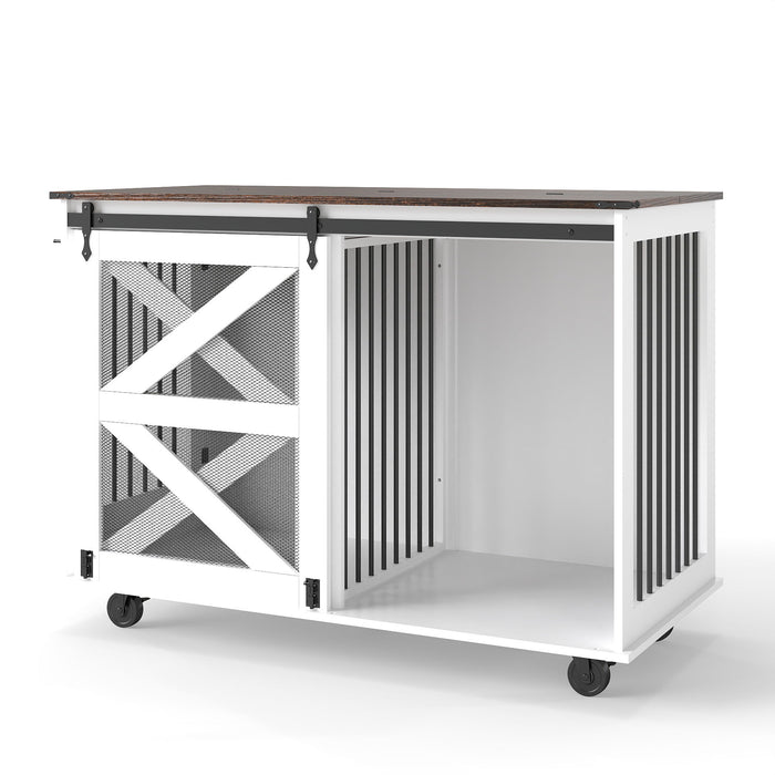 Mobile Dog Crate With Flip Top Feeding Door, Dual Access & 5 Caster System (2 Locking) - Brown White