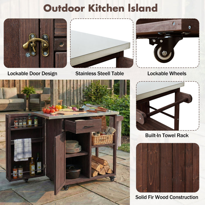 Outdoor Kitchen Island Prep Station With Lockable Wheels, Ample Storage, Towel & Spice Racks