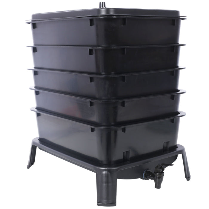 Eco Friendly 5 Layer Worm Compost Bin With 50L Capacity, Easy Setup Plastic Worm Farm Kit - Black