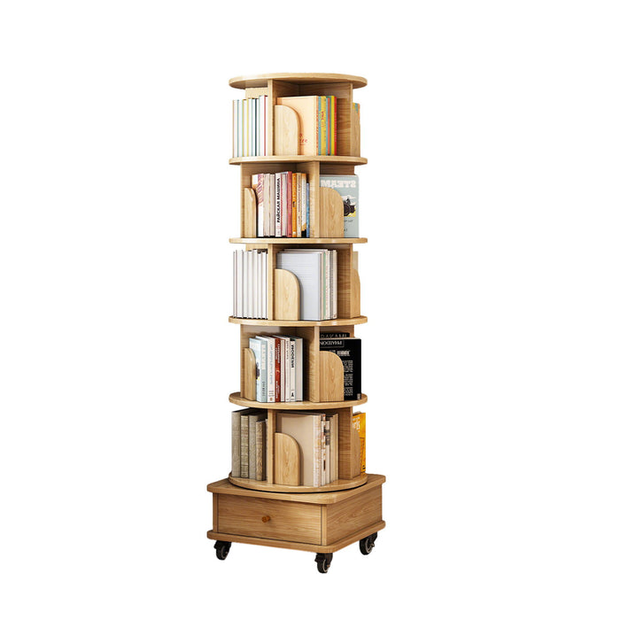 6 Tier Rotating Bookshelf With Wheels And Drawer, 360° Spinning Design, Space Saving Storage, For Home - Wood