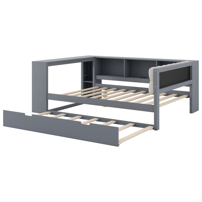 Upholstered Headboard Platform Bed With Storage Shelves, Trundle, Charging Station