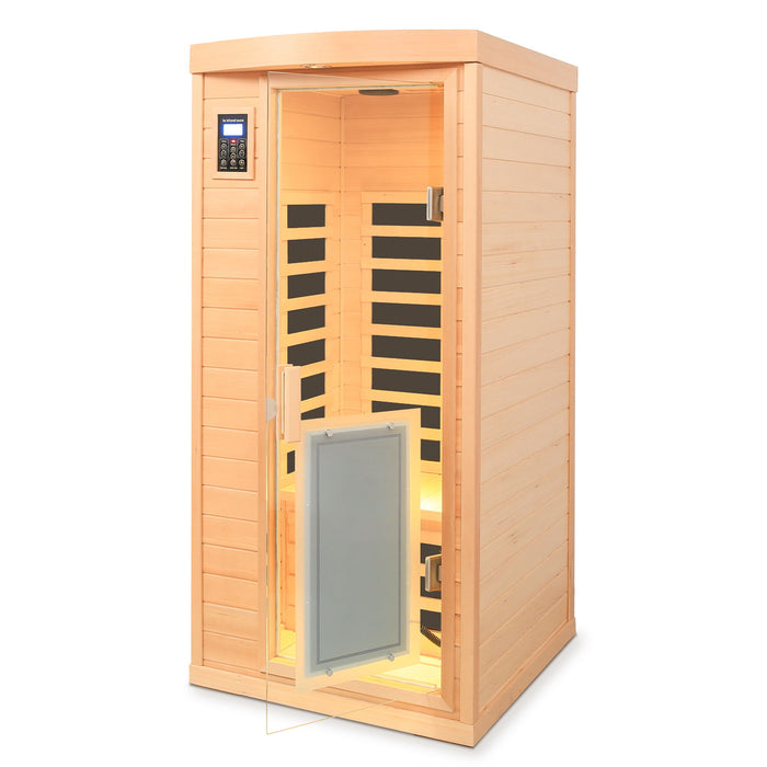 Low Emf Front Door With Heating Panel 1 People Hemlock Far Infrared Indoor Sauna Room - Natural
