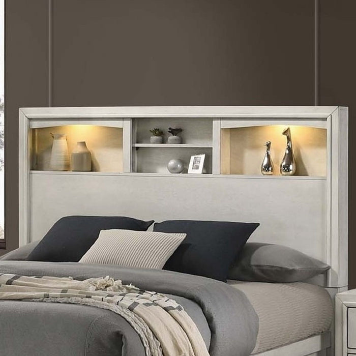 Transitional Bed With Smooth Gliding Drawers, Built In Lights, Open Headboard Shelves