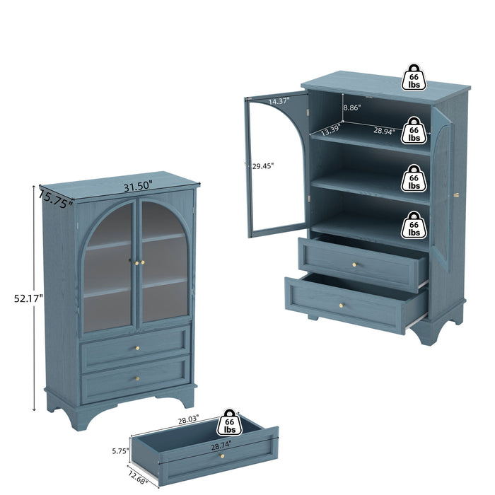 Glass Door Display Case With 2 Drawers And Adjustable Shelf