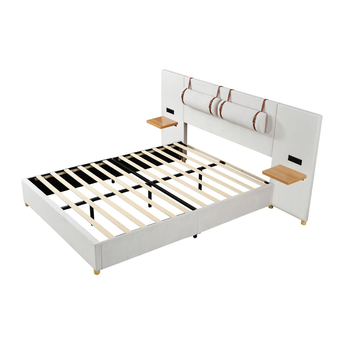 Upholstered Platform Bed, 2 Outlets And USB Charging Ports On Both Sides, 2 Bedside Pillows, Storage Shelves