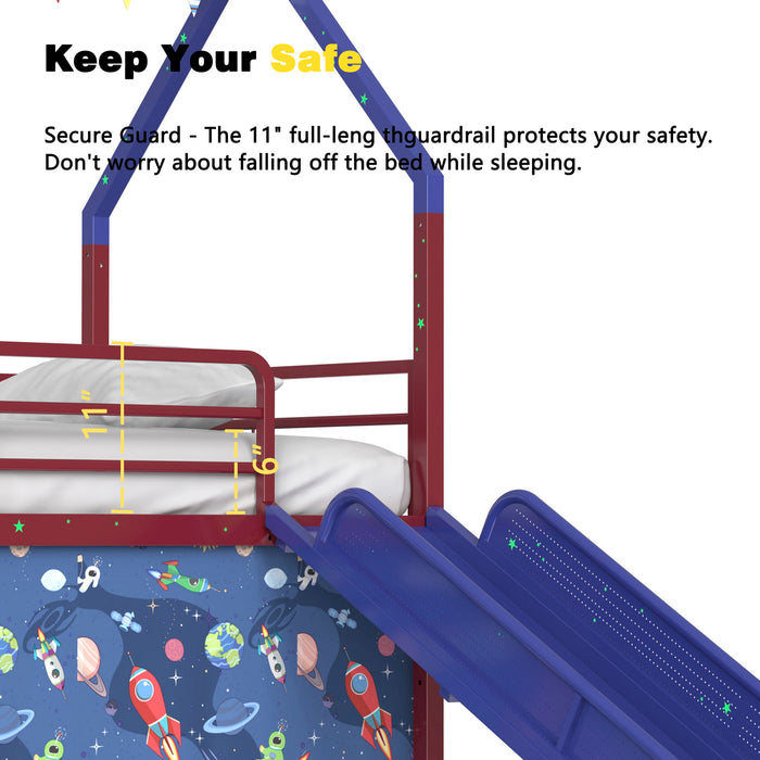 Jack - House Loft Bed With Slide And Curtain Set