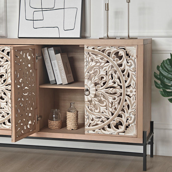 Carved 4 Door Cabinet, Storage Sideboard For Living Room - Multi
