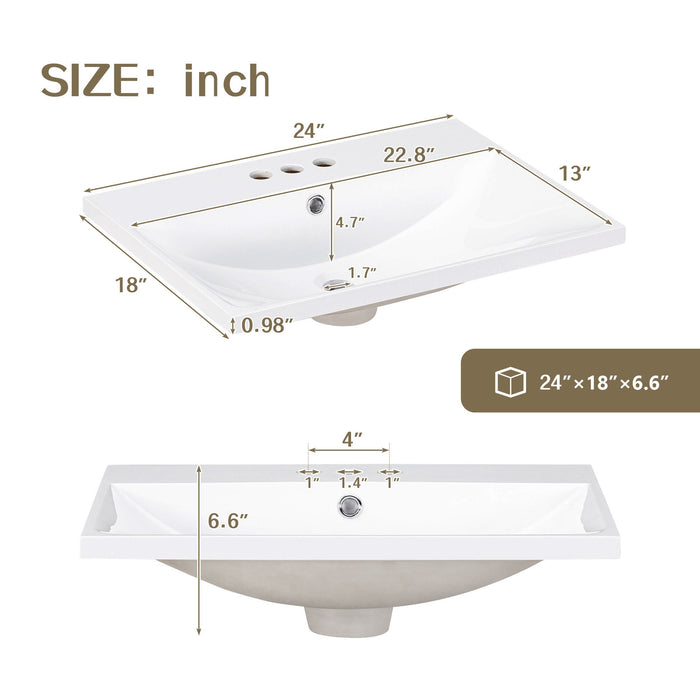 Bathroom Vanity Top, Rectangular Undermount Sink With 3 Faucet Holes, 4" Centerset Compatible - White
