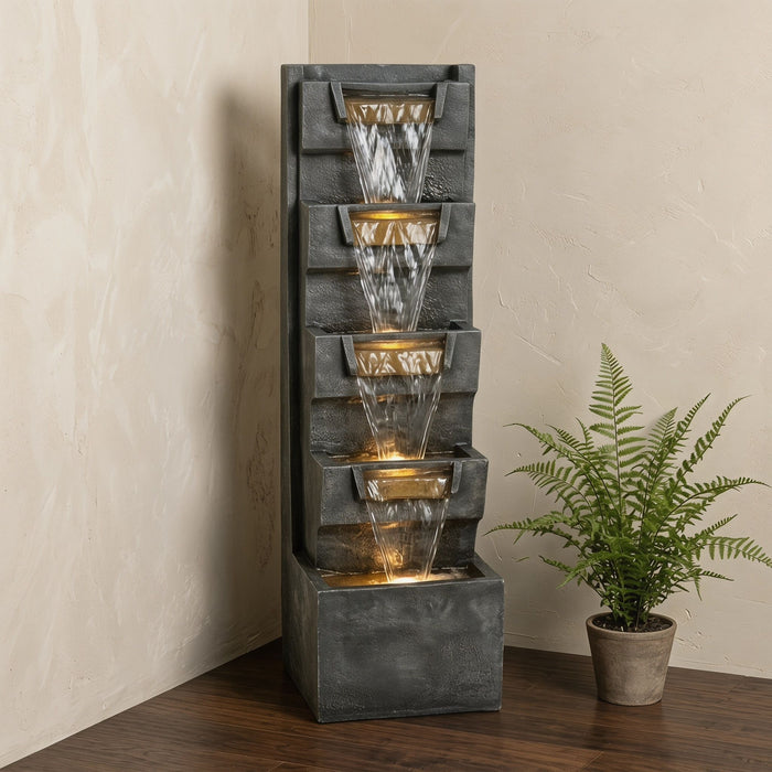 4 Tier Cascading Waterfall Fountain With Warm LED Lights, For Patio - Gray
