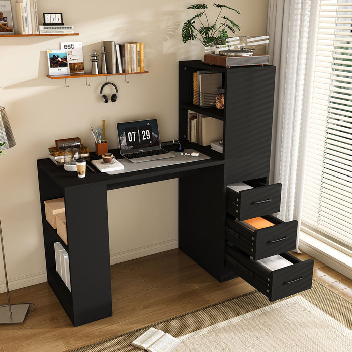 Computer Desk With 4 In 1 Socket & 3 Drawers, 4 Tier Shelves