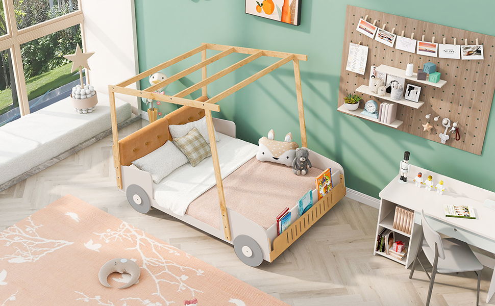 Twin Size Car Bed & Pillow, Ceiling Cloth And LED - Natural