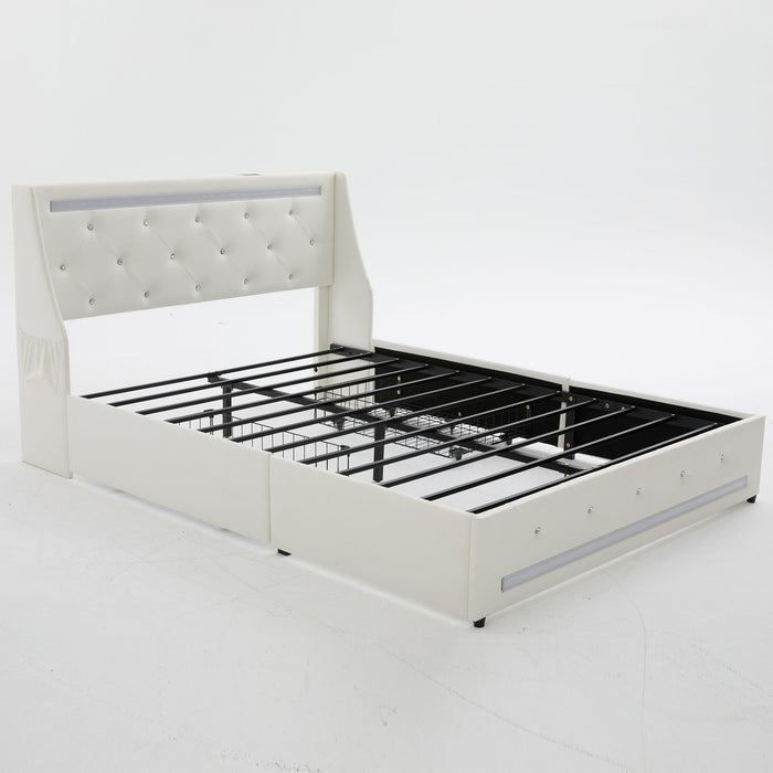Wingback Upholstered Bed Frame With LED Lights, Charging Station