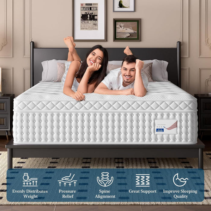 14" Hybrid Mattress, Memory Foam & Pocket Spring Bed, Medium Firm Comfort, Spine Support, Quiet & Breathable - White - King