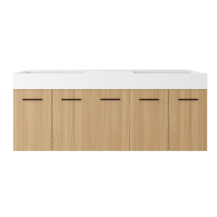 Floating Double Sink Bathroom Vanity With Extra Large Storage, Integrated Sink, Soft Close Doors, Wall Mounted Bath Vanity - Glossy White / Light Oak