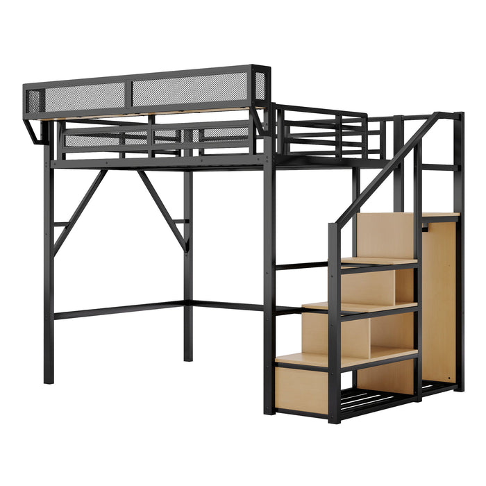 Full Size Loft Bed With Stairs With Storage Shelves With Wardrobe - Black