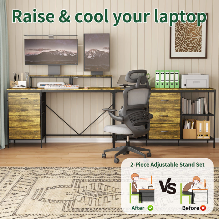 Industrial L Shaped Desk With Power Hub With 6 Drawers And Adjustable Monitor Stands - Brown