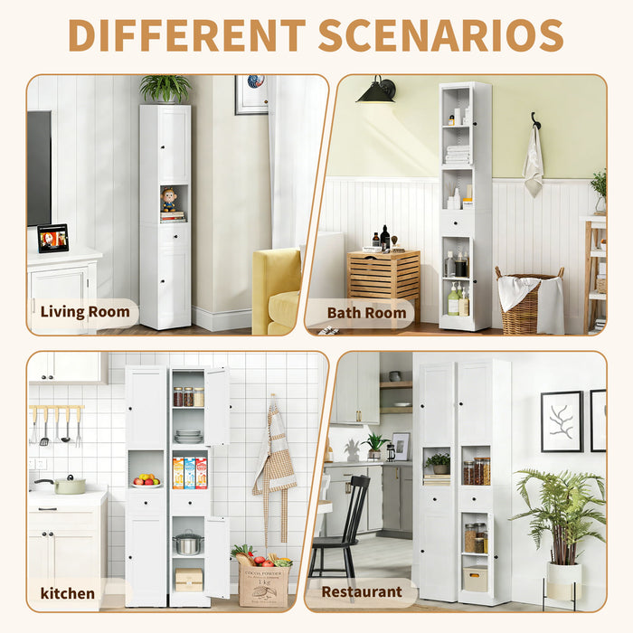 Tall Bathroom Storage Cabinet, 5-Tier Narrow With 2 Doors & Adjustable Shelves, Freestanding - White