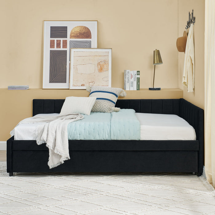 Full Size Upholstered Daybed With Trundle, Tufted Backrest And Armrests - Black