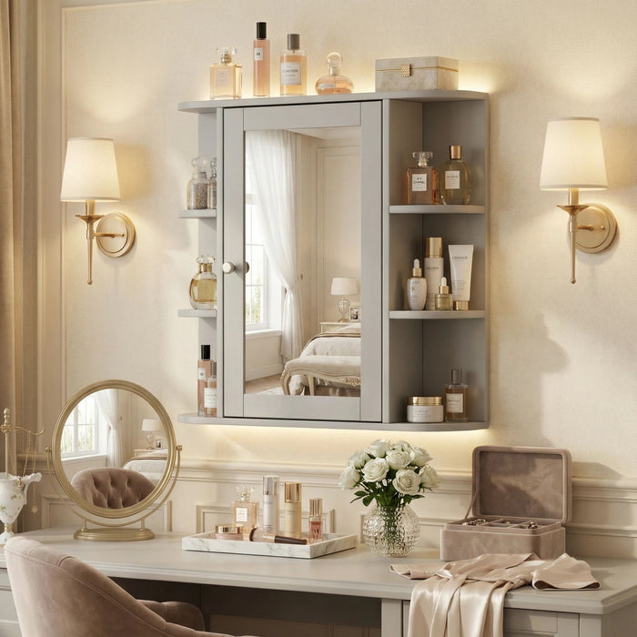 Bathroom Wall Storage Cabinet With Mirror And Adjustable Shelf, 6 Open Shelves