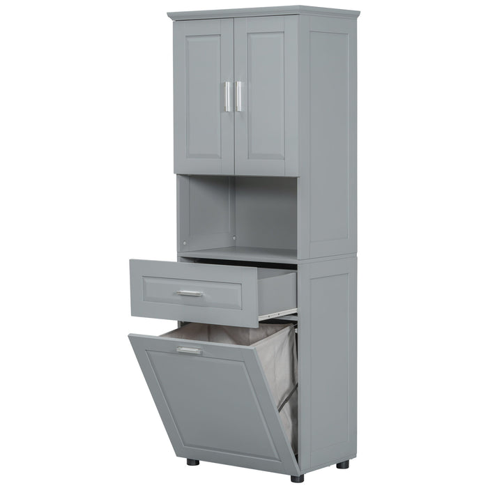 Tall Bathroom Cabinet With Tilt-Out Laundry Basket And Upper Storage