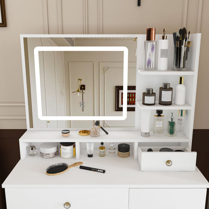 Vanity Desk With Mirror, 3 Color Lighting And Stool