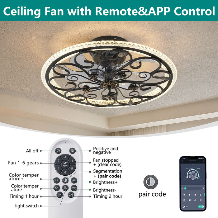 Caged Ceiling Fan With Remote Controlled LED Light - Matte Black