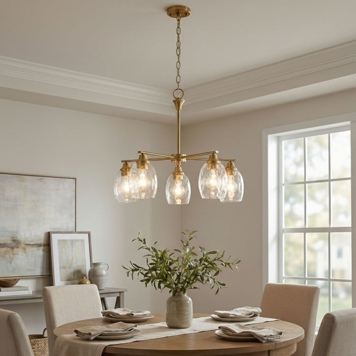 5 Lights Linear Arms With Chain Chandelier - Clear / Gold