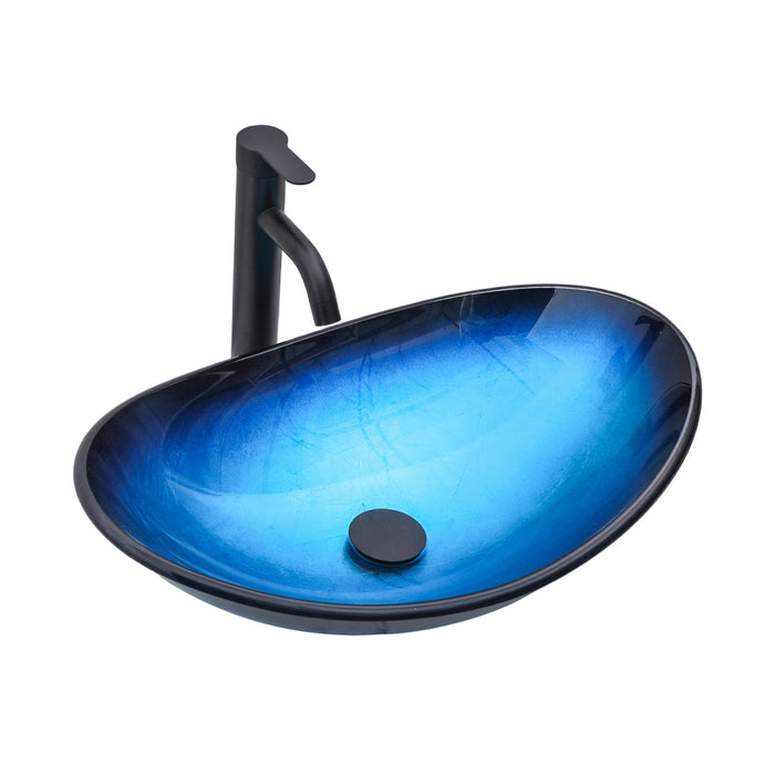 Tempered Glass Vessel Sink With Boat Shape Pop-Up Drain
