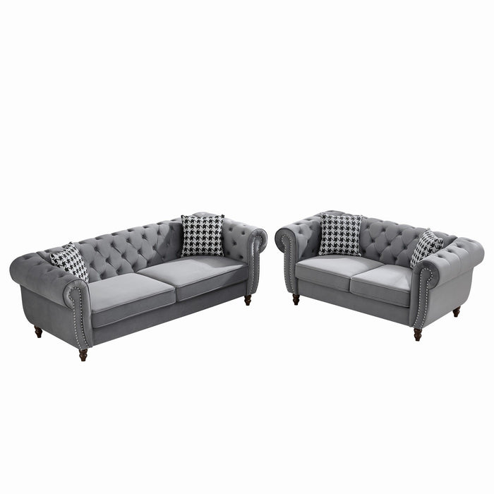 Chesterfield 3 And 2 Seater Velvet Upholstery Sofa With Roll Armrest & Nailhead Fabric Couch