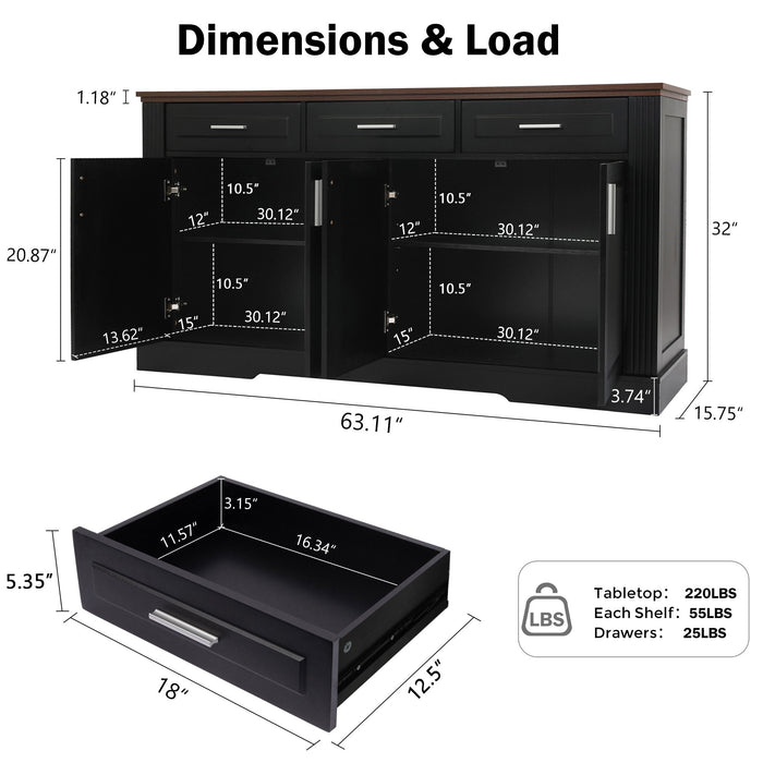 Fluted Sideboard Buffet Cabinet With 4 Doors And 3 Drawers