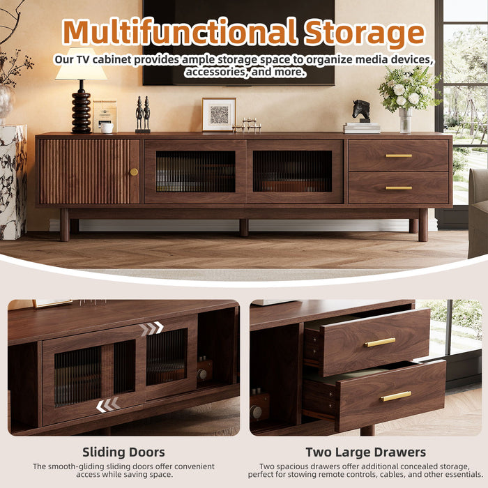 TV Stand With Sliding Doors And 2 Drawers For Living Room - Dark Brown