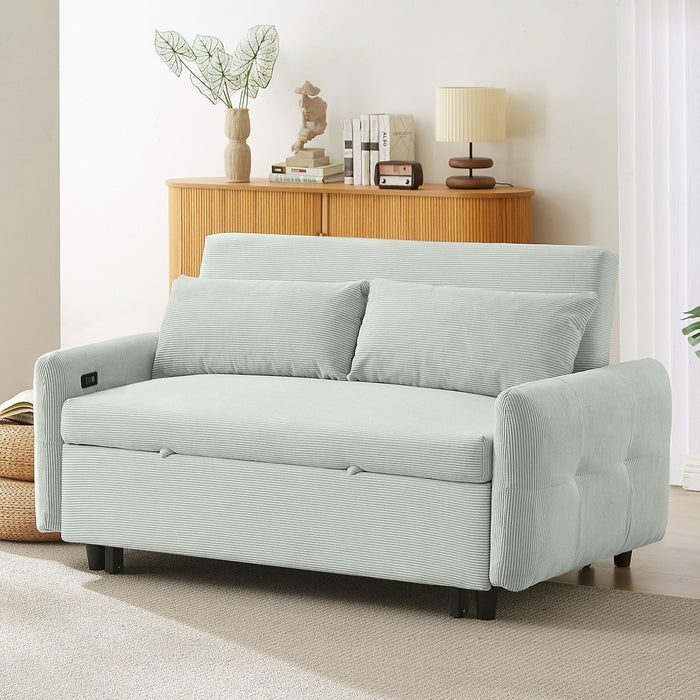 Pull-Out 2 Seat Modern Sleeper Sofa With 2 Throw Pillows And USB Ports