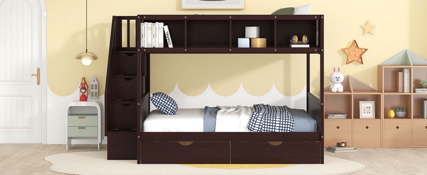 Bunk Bed With Shelfs, Storage Staircase And 2 Drawers