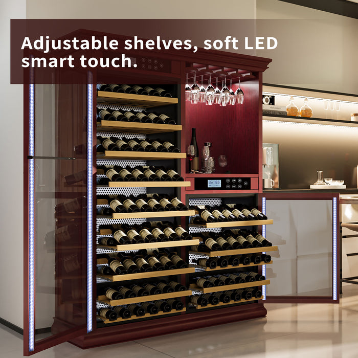 Wine Cooler With Dual Zone Temperature Control, Vacuum Insulated Door, LED Lighting, 158 Bottle Capacity - Cherry