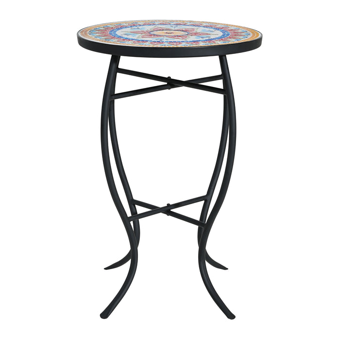 Outdoor Round Side Table With Mosaic Style Top And Curved Iron Legs