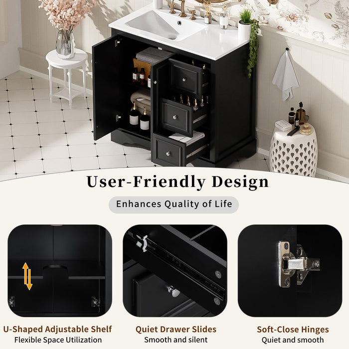 Bathroom Vanity With Sink, Soft-Close Doors, Adjustable U-Shelf, 3 Drawers