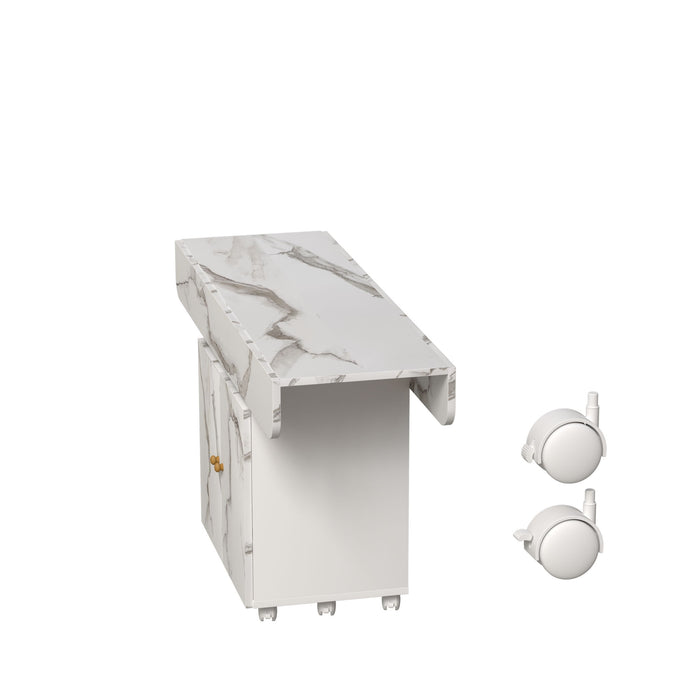 Versatile Marble Folding Dining Table With Storage Rack And Cabinet, 6 Wheels - White