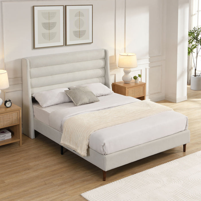 Modern Upholstered Platform Bed With Wave Shaped Headboard