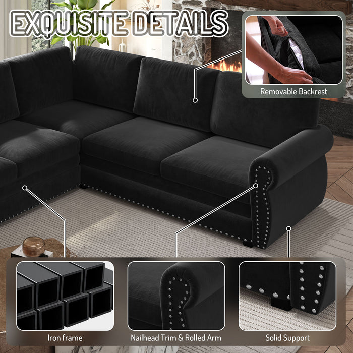 L-Shaped Sofa Couch With Pull Out Bed With Nailhead Trim & Rolled Arm