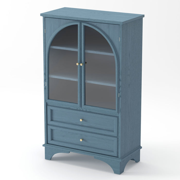 Glass Door Display Case With 2 Drawers And Adjustable Shelf