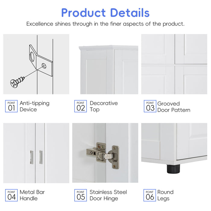 Tall And Wide Bathroom Floor Storage Cabinet With 4 Doors, Adjustable Shelves - White