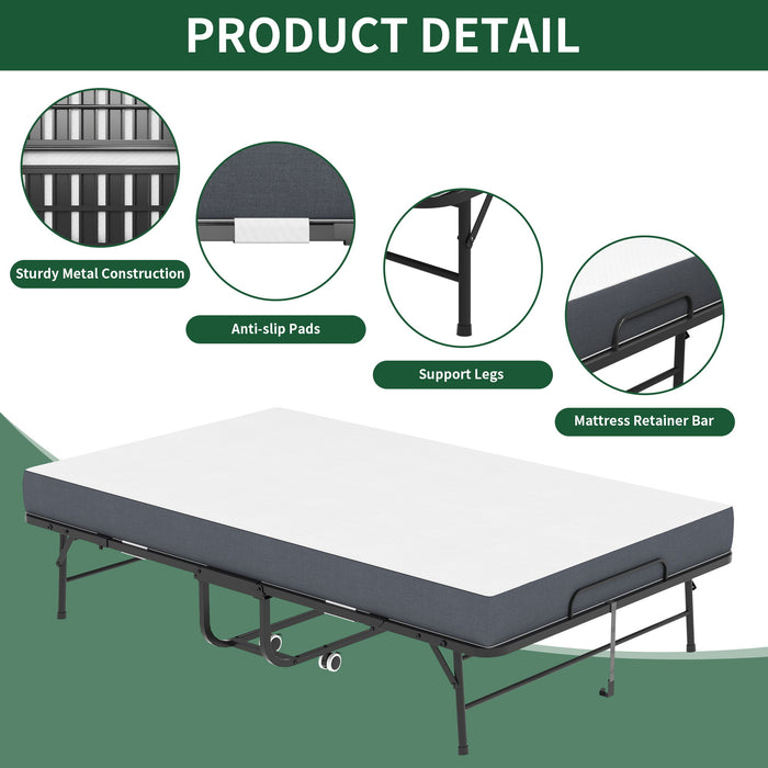 Twin Wide Folding Bed For Tall People, Extra Long & Wide Rollaway With Memory Foam, Heavy-Duty - Black