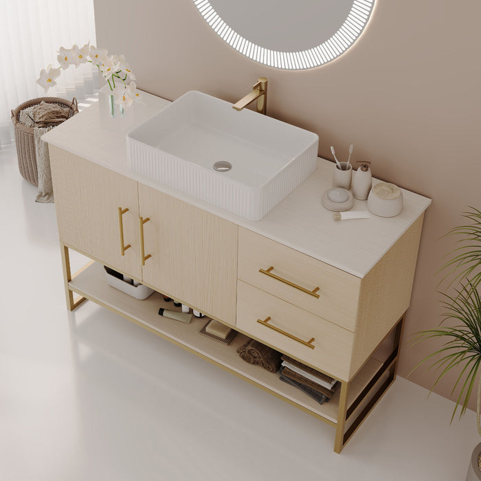 Bathroom Vanity With Vessel Sink Accent Free Standing Cabinet - Ameican White Oak / Gold / White