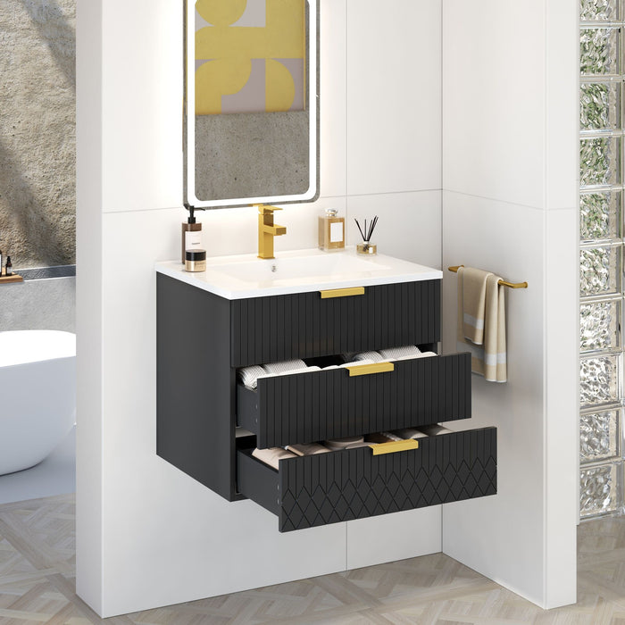 Wall Mounted Floating Cabinet With Double Drawer, Rectangular Sink, Bathroom Vanity With Single Faucet Hole And Overflow - Black